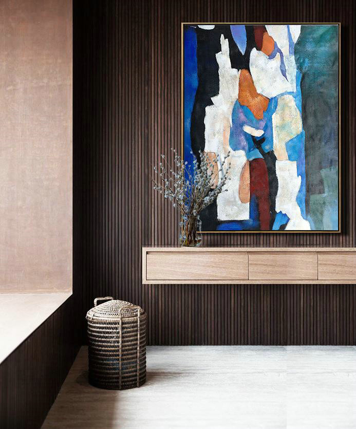 Colorful Wall Art,Hand Painted Large Vertical Contemporary Painting On Canvas,Hand Painted Aclylic Painting On Canvas,Blue,Black,White,Orange,Brown.etc